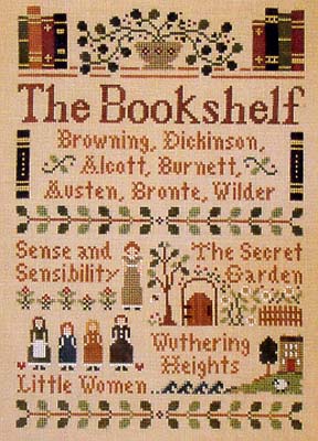 Little House Needleworks - Bookshelf (The)-Little House Needleworks - Bookshelf The, books, library, Browning, Dickenson, Alcott, Burnett, Austen, authors, cross stitch
