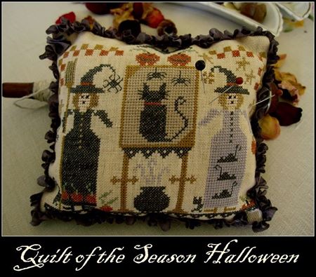 Nikyscreations - Quilt of the Season - Halloween-Nikyscreations - Quilt of the Season - Halloween, witches, black cat, pumpkins, witches hat, pin cushion, cross stitch 