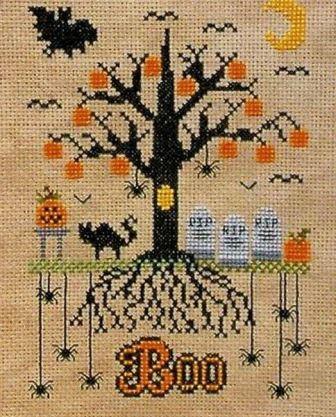 Pickle Barrel Designs - Halloween Roots-Pickle Barrel Designs - Halloween Roots, tree, cemetary, bats, spiders, pumpkins, cats, cross stitch, Halloween 