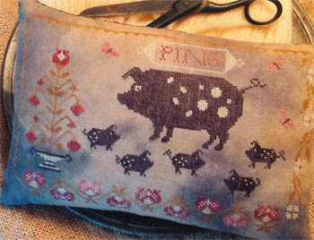 Stacy Nash Primitives - Spotted Pig Pinkeep-Stacy Nash Primitives - Spotted Pig Pinkeep, pigs, pincushion, baby pigs, mama pig, bacon, primitive, cross stitch