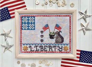 Luminous Fiber Arts - Liberty Quaker-Luminous Fiber Arts - Liberty Quaker, American flag, squirrel, red white  blue, acorns, cross stitch