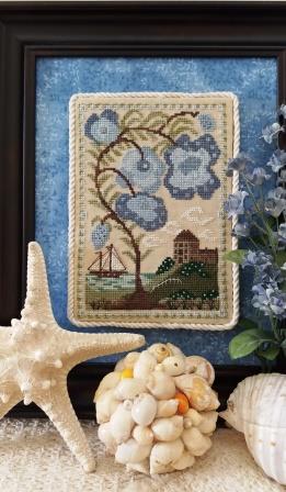 By The Bay Needleart - Cabbage Rose Seaside Manor-By The Bay Needleart - Cabbage Rose Seaside Manor, blue flower, roses, house, ocean, cross stitch, 