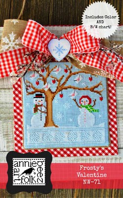 Annie Beez Folk Art - Frosty's Valentine-Annie Beez Folk Art - Frostys Valentine, snowman, snowlady, snowflakes, love letters, hearts, love, cross stitch  