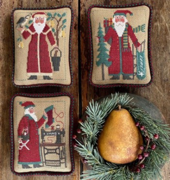 Prairie Schooler - Santas Revisited IX (2001,2006, 2008)-Prairie Schooler - Santas Revisited IX 2001,2006, 2008, Santa Claus, birds, sled, sewing machine, Christmas, ornaments, cross stitch