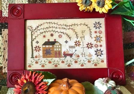 Pansy Patch Quilts and Stitchery - Seasons at Pansy Patch Manor Pt 2 - Faith, Fall-Pansy Patch Quilts and Stitchery - Seasons at Pansy Patch Manor Pt 2 - Faith, Fall, apples, quilt stars, wagon, autumn, pumpkins, cross stitch 