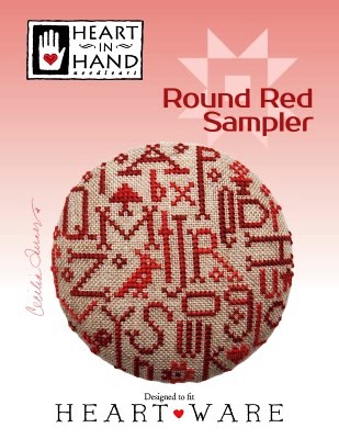 Heart in Hand Needleart - Round Red Sampler-Heart in Hand Needleart - Round Red Sampler, pincushion, cross stitch