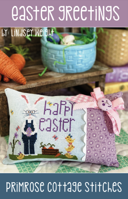 Primrose Cottage Stitches - Easter Greeting-Primrose Cottage Stitches - Easter Greeting, Easter bunny, Easter eggs, chicks, carrots, flowers, cross stitch 