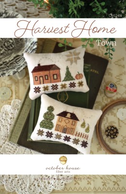 October House - Harvest Home - Town-October House - Harvest Home - Town, houses, trees, pumpkins, pin cushion, cross stitch