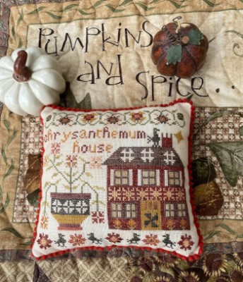 Pansy Patch Quilts and Stitchery - The Houses on Pumpkin Lane Pt 2 - Chrysanthemum House-Pansy Patch Quilts and Stitchery - The Houses on Pumpkin Lane Pt 2 - Chrysanthemum House, crows, flowers, pin cushions, autumn, fall,cross stitch