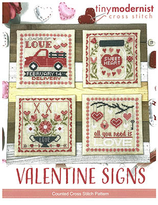 Tiny Modernist - Valentine Signs-Tiny Modernist - Valentine Signs, love, pink truck, hearts, flowers, bough of hearts, cross stitch 