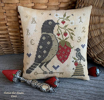 Scattered Seed Samplers - Summer Sweets Pinkeep-Scattered Seed Samplers - Summer Sweets Pinkeep, bird, strawberry, beehive, sampler, cross stitch