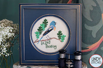 Lindy Stitches - Bird Crush Club - Lazuli Bunting-Lindy Stitches - Bird Crush Club - Lazuli Bunting, blue bird, trees, birding, audubon, cross stitch, bird watching, 