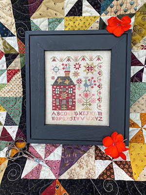 Pansy Patch Quilts and Stitchery - Peacock Manor-Pansy Patch Quilts and Stitchery - Peacock Manor, sampler, flowers, brick house, peacock, birds, quilt squares, cross stitch