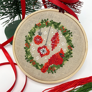 Tiny Modernist - Cardinal Wreath-Tiny Modernist - Cardinal Wreath, Christmas, bird, wreath, decorations, ornaments, cross stitch  