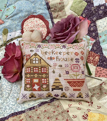 Pansy Patch Quilts and Stitchery - Houses on Wisteria Lane #02 - Beekeeper House-Pansy Patch Quilts and Stitchery - Houses on Wisteria Lane 02 - Beekeeper House, beehive, bees, home, flowers, cross stitch 