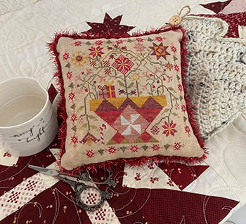 Pansy Patch Quilts and Stitchery - Betsy's Holiday Baskets Series #02 - Betsy's Christmas Basket-Pansy Patch Quilts and Stitchery - Betsys Holiday Baskets Series 02 - Betsys Christmas Basket, flowers, peppermint, pillow, cross stitch