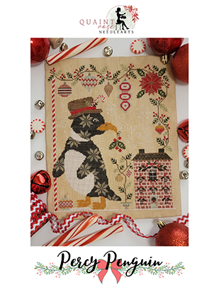 Quaint Rose Needlearts - Percy Penguin-Quaint Rose Needlearts - Percy Penguin, brick house, ornaments, Christmas, holly, quaker flowers, poinsettia, cross stitch
