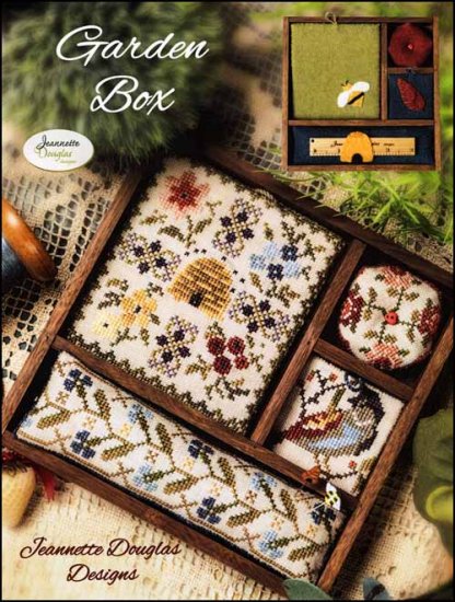Jeannette Douglas Designs - Garden Box-Jeannette Douglas Designs - Garden Box, flowers, beehive, bird, biscornu, wood box, cross stitch, Nashville Needlework Market 2024 