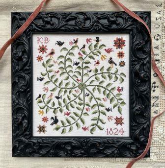 Kathy Barrick - Caught in the Swirl-Kathy Barrick - Caught in the Swirl, flowers, crows, birds, branches, leaves, cross stitch 