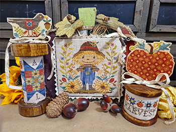 Quaint Rose Needlearts - Scarecrow Spool Set-Quaint Rose Needlearts - Scarecrow Spool Set, fall, harvest, scarecrow, sunflowers, pumpkin, cross stitch