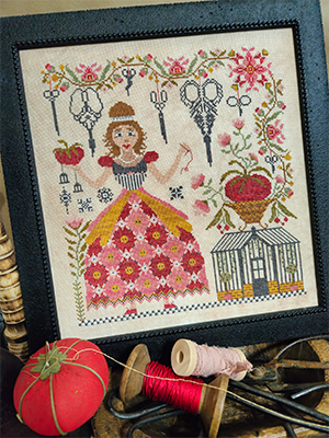 Quaint Rose Needlearts - Stitching Maiden-Quaint Rose Needlearts - Stitching Maiden, scissors, plants, blooming greenhouse, lady, pinks, stitching, cross stitch 