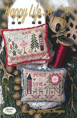 Jeannette Douglas Designs - Happy Life Set - Christmas 1-Jeannette Douglas Designs - Happy Life Set - Christmas 1, ornaments, Christmas trees, flowers, peace, love, reindeer, merry, bright, pine trees, cross stitch
