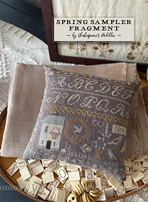 Shakespeare's Peddler - Spring Sampler Fragment-Shakespeares Peddler - Spring Sampler Fragment, alphabet, birds, home, flowers, candle, cross stitch