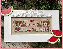 Country Cottage Needleworks - Monthly Mini Village #06 June-Country Cottage Needleworks - Monthly Mini Village 06 June, houses, lovers, watermelon, clouds, cross stitch, calendar 