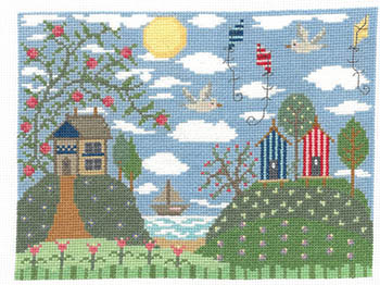 Imaginating - Sweet Seasons Summer-Imaginating - Sweet Seasons Summer, neighborhood, sailboat, ocean, beach, blue sky, apple tree, seagulls, cabanas, cross stitch