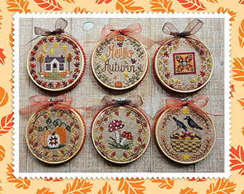 Waxing Moon Designs - Autumn Mini-Rounds-Waxing Moon Designs - Autumn Mini-Rounds, fall, house, leaves, happy, pumpkins, mushrooms, crows, harvest, basket, cross stitch