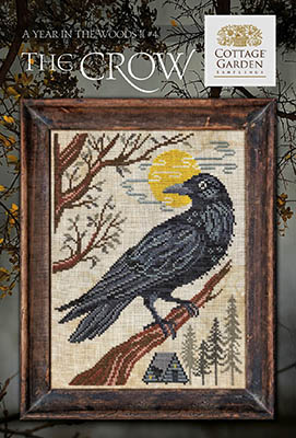 Cottage Garden Samplings - A Year in the Woods II - 04 The Crow-Cottage Garden Samplings - A Year in the Woods II - 04 The Crow, fall, birds, black bird, trees, shiny things, autumn, cross stitch