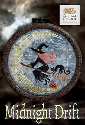 Cottage Garden Samplings - Midnight Drift-Cottage Garden Samplings - Midnight Drift, witch, pumpkin, broom, flying, Halloween, black cat, moon, quaker, cross stitch