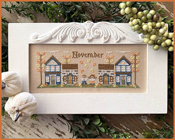 Country Cottage Needleworks - Monthly Mini Village #11 November-Country Cottage Needleworks - Monthly Mini Village 11 November, houses, neighborhood, fall, friends, pumpkins, autumn, cross stitch 