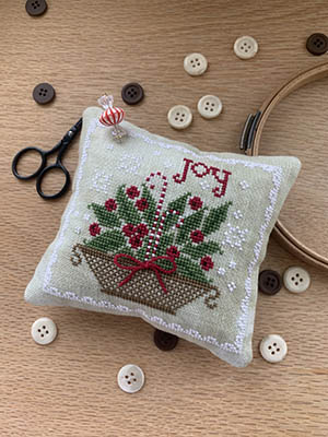 Stitches by Ethel - Holly Basket Pinkeep-Stitches by Ethel - Holly Basket Pinkeep, Christmas, joy, candy cane, peppermint, berries, basket, snowflakes, cross stitch