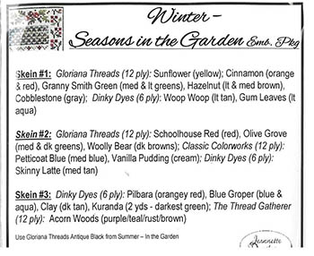 Jeannette Douglas Designs - Seasons In The Garden - Winter Embellishment Pack-Jeannette Douglas Designs - Seasons In The Garden - Winter Embellishment Pack, threads, silk floss, beads, cross stitch