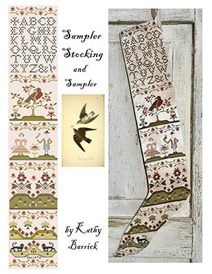 Kathy Barrick - Sampler Stocking And Sampler-Kathy Barrick - Sampler Stocking And Sampler, flowers, alphabet, man, woman, stocking, bird, cross stitch 