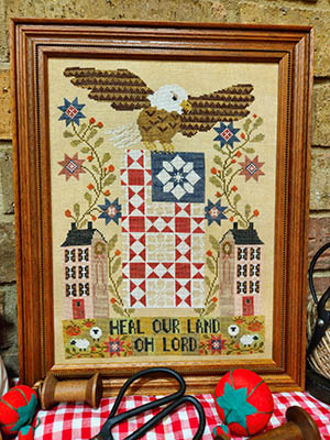 Quaint Rose Needlearts - Heal Our Land Sampler-Quaint Rose Needlearts - Heal Our Land Sampler, eagle, American flag, sheep, flowers, cross stitch, houses, 