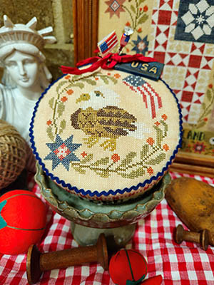 Quaint Rose Needlearts - Heal Our Land Pin Drum Shortie-Quaint Rose Needlearts - Heal Our Land Pin Drum Shortie, eagle, American flag, God, needles, pincushion, cross stitch