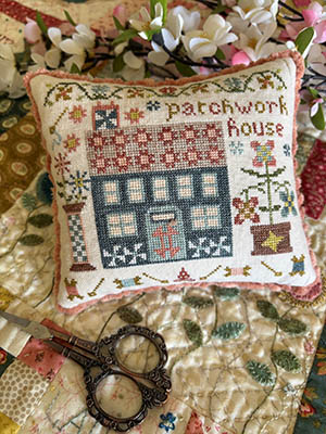 Pansy Patch Quilts and Stitchery - The Houses on Stitchery Lane Part 5 Patchwork House-Pansy Patch Quilts and Stitchery - The Houses on Stitchery Lane Part 5 Patchwork House, needlework, spool, threads, quilt squares, needles, cross stitch