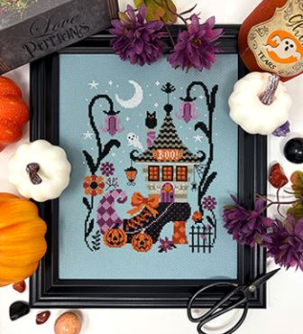 Tiny Modernist - Haunted Boot (The)-Tiny Modernist - Haunted Boot The, Halloween, boot house, pumpkins, ghost, bat, spiders, moon, cross stitch
