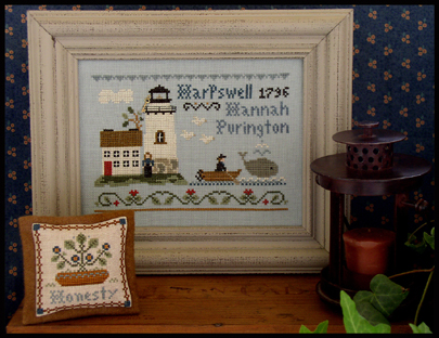Little House Needleworks - Hannah Purington - Dear Diary Series-Little House Needleworks, Hannah Purington, Dear Diary Series, lighthouse,  Harpswell 1796, Hannah Purington October 13, 1796, honesty, mother and father, whale, rowboat, flowers, sea, ocean side, Cross Stitch Pattern