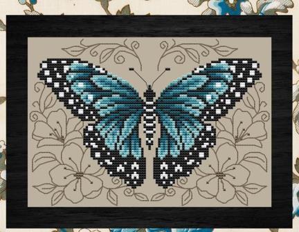 Shannon Christine Designs - Blue Butterfly-Shannon Christine Designs - Blue Butterfly, insect, caterpillar, flowers, cross stitch, backstitch 