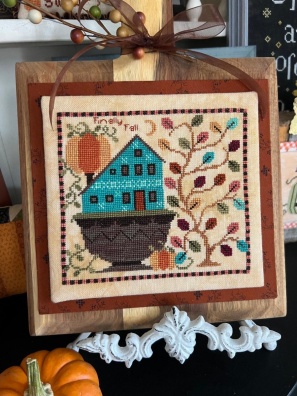 Annie Beez Folk Art - Finally Fall-Annie Beez Folk Art - Finally Fall, house, pumpkins, autumn, leaves, cross stitch