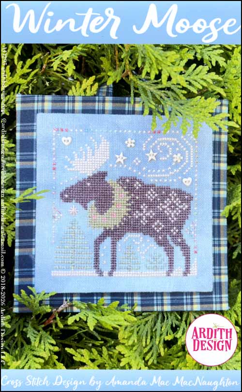 Ardith Design - Winter Moose-Ardith Design - Winter Moose, wind, snow, trees, wreath, cross stitch