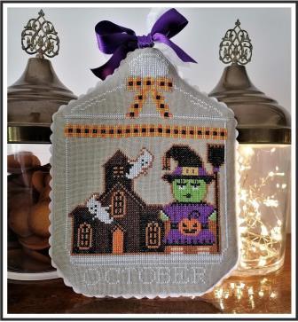 Twin Peak Primitives - A Year of Cookie Jars 10 - October-Twin Peak Primitives - A Year of Cookie Jars 10 - October, Halloween, costume, haunted house, trick or treat, cross stitch 