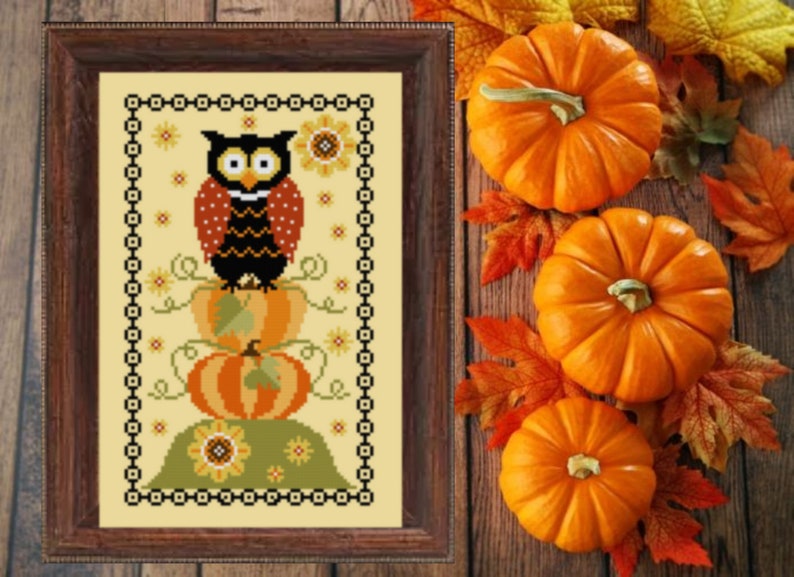 Crocette a Gogo - Pumpkin Owl-Crocette a Gogo - Pumpkin Owl, fall, owl, harvest, autumn, flowers, sunshine, cross stitch