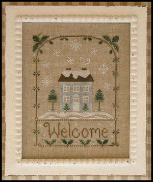 Country Cottage Needleworks - Winter Welcome-Country Cottage Needleworks, Winter Welcome, home, snow, snowflakes, pine trees, arch, Cross Stitch Pattern