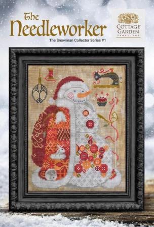 Cottage Garden Samplings - Snowman Collector Series #1 - The Needleworker-Cottage Garden Samplings - Snowman Collector Series 1 - The Needleworker, monthly, winter, sewing, scissors, coat, cross stitch 