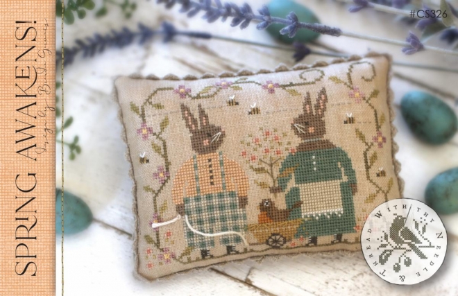 With Thy Needle & Thread - Spring Awakens!-With Thy Needle  Thread - Spring Awakens, rabbits, Easter, springtime, robin, bees, lavender, pincushion, cross stitch 