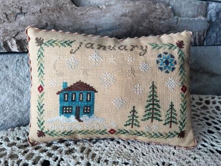 From The Heart Needleart - Monthly Cottage 01 January-From The Heart Needleart - Monthly Cottage 01 January, snow, house, pine trees, winter, moon, pincushion, cross stitch